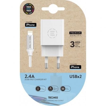 --Cargador de Pared Tech One Tech TEC2402/ 2xUSB + Cable Lightning/ 12W/ Blanco-
