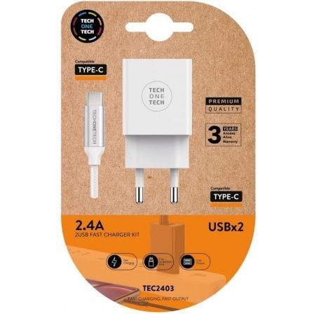 --Cargador de Pared Tech One Tech TEC2403/ 2xUSB + Cable USB Tipo-C/ 12W/ Blanco-