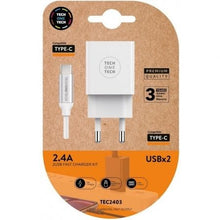 --Cargador de Pared Tech One Tech TEC2403/ 2xUSB + Cable USB Tipo-C/ 12W/ Blanco-