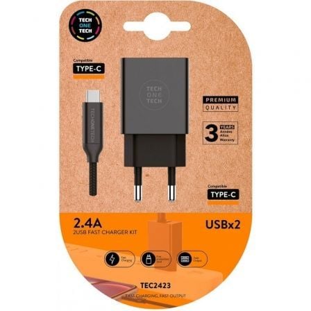 --Cargador de Pared Tech One Tech TEC2423/ 2xUSB + Cable USB Tipo-C/ 12W/ Negro-