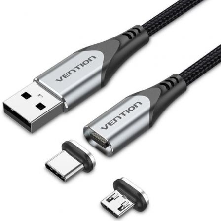 --Cable de Carga Magnético USB Tipo-C con Adaptador MicroUSB Vention CQMHD/ MicroUSB Macho - USB Tipo-C Macho/ USB Macho/ Hasta 60W/ 480Mbps/ 50cm/ Gris-