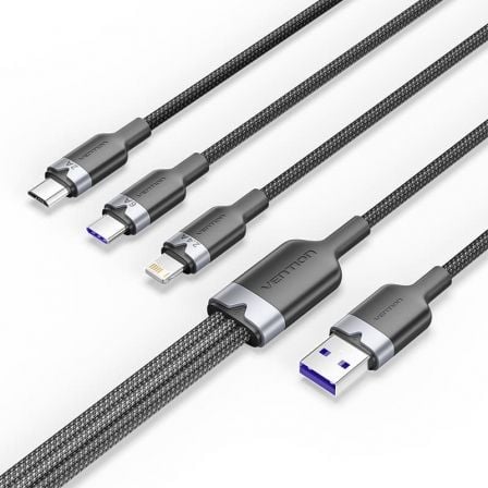 --Cable USB 2.0 Lightning Vention CTPBG/ USB Macho/ USB Tipo-C Macho - MicroUSB Macho - Lightning Macho/ Hasta 60W/ 480Mbps/ 1.5m/ Negro-