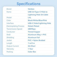 -1-Cable USB Tipo-C Lightning Vention LALBF/ USB Tipo-C Macho - Lightning Macho/ 27W/ 480Mbps/ 1m/ Negro-1