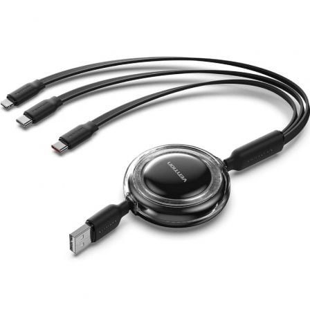 --Cable USB Retráctil Vention TRJBBE/ USB Macho - Lightning/ 2xUSB Tipo-C/ Hasta 17.5W/ 10Gbps/ 1.1m/ Negro-