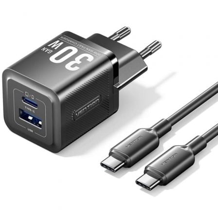 --Cargador de Pared GaN Vention TZ-FEQB0-EU-01/ 1xUSB Tipo-C/ 1xUSB + Cable USB Tipo-C/ 30W-