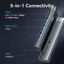 -1-Docking USB Tipo-C Vention TGMHB/ 3xUSB/ 1xHDMI 4K/ 1xUSB Tipo-C PD-1