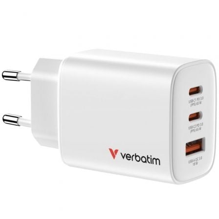 --Cargador de Pared GaN Verbatim Essentials/ 2xUSB Tipo-C/ 1xUSB/ 65W-